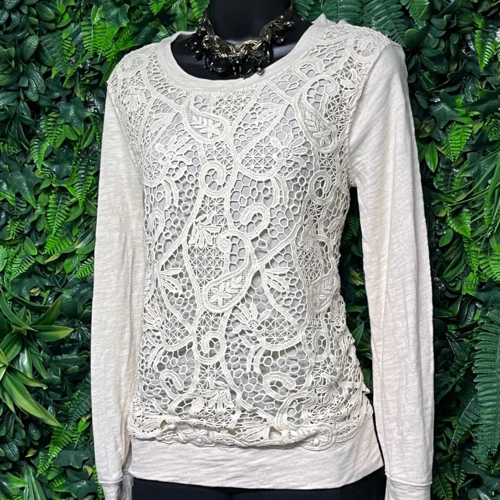 J. Crew Sweatshirt Small Cream Lace Front Crew Neck Long Sleeve Top Women 3335 - Picture 1 of 8